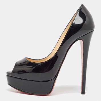 Pre Owned Christian Louboutin Black Patent Leather Lady Peep Pumps Size 35.5