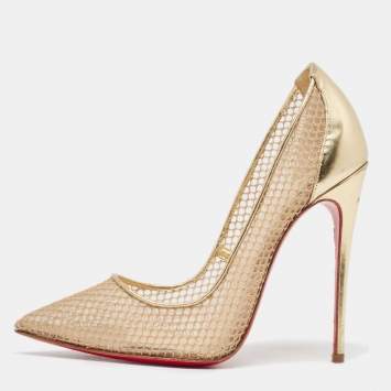 Pre Owned Christian Louboutin Gold Leather and Mesh Follies Resille Pumps Size 37.5