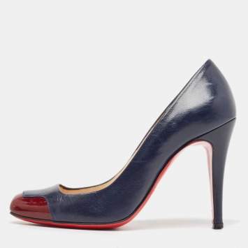 Pre Owned Christian Louboutin Navy Blue/Burgundy Leather and Patent Lady Grant Pumps Size 36