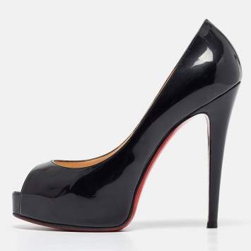 Pre Owned Christian Louboutin Black Patent Lady Peep Pumps Size 37