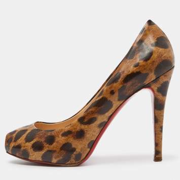 Pre Owned Christian Louboutin Brown/Beige Leopard Print Leather Ron Ron Peep Toe Platform Pumps Size 37.5