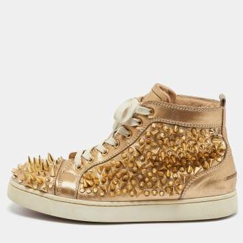 Pre Owned Christian Louboutin Gold Leather Spikes High Top Sneakers Size 41
