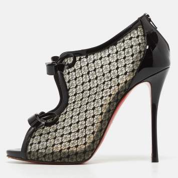 Pre Owned Christian Louboutin Black Lace and Patent Leather Empiralta Booties Size 38.5