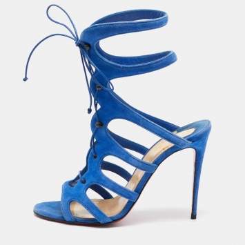 Pre Owned Christian Louboutin Blue Suede Strappy Sandals Size 39