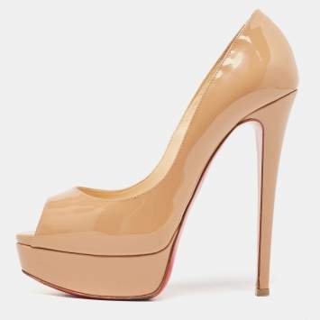 Pre Owned Christian Louboutin Beige Patent Leather Lady Peep Pumps Size 36.5