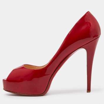 Pre Owned Christian Louboutin Red Patent Leather Lady Page Platform Peep Toe Pumps Size 41.5