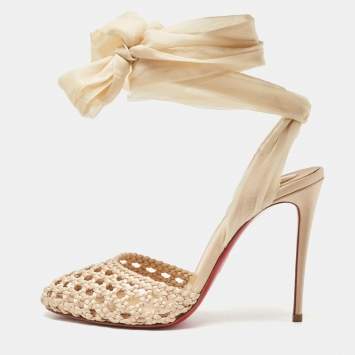 Pre Owned Christian Louboutin Beige Woven Leather Ankle Wrap Pumps Size 38    