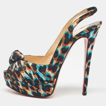 Pre Owned Christian Louboutin Multicolor Printed Canvas Jenny Platform Slingback Pumps Size 38