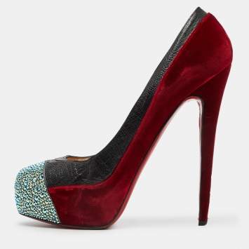 Pre Owned Christian Louboutin Red/Black Velvet and Ostrich Leg Strass Calypso Pumps Size 41.5