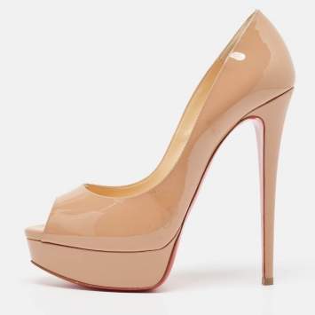 Pre Owned Christian Louboutin Beige Patent Lady Peep Pumps Size 39