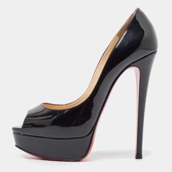 Pre Owned Christian Louboutin Black Patent Leather Lady Peep Pumps Size 37.5