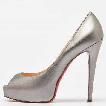 Pre Owned Christian Louboutin Silver Leather Very Prive Pumps Size 38