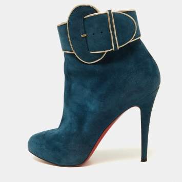 Pre Owned Christian Louboutin Blue Suede Trottinette Ankle Boots Size 41