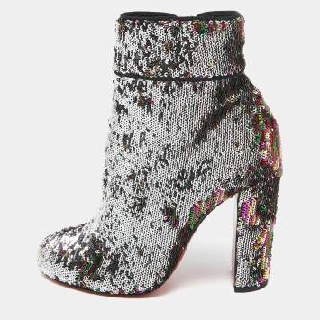 Pre Owned Christian Louboutin Multicolor Sequins Moulamax Round Toe Ankle Boots Size 37