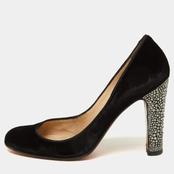 Pre Owned Christian Louboutin Black Velvet Crystal Embellished Heel Round Toe Pumps Size 38
