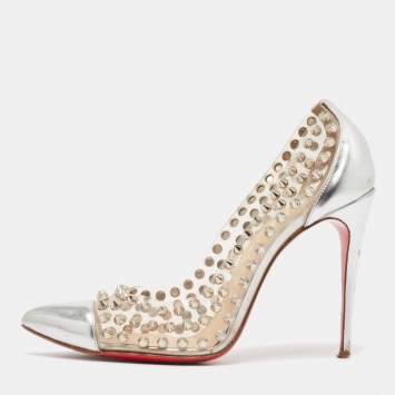 Pre Owned Christian Louboutin Silver Leather and PVC Spike Me Pumps Size 36.5