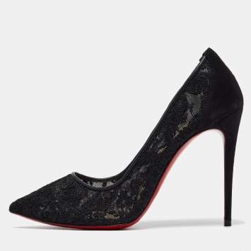 Pre Owned Christian Louboutin Black Mesh and Suede Follies Pumps Size 37