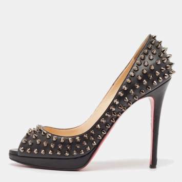 Pre Owned Christian Louboutin Black Leather Yolanda Spikes Pumps Size 38.5
