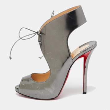 Pre Owned Christian Louboutin Silver Leather Allegra Peep-Toe Sandals Size 38.5