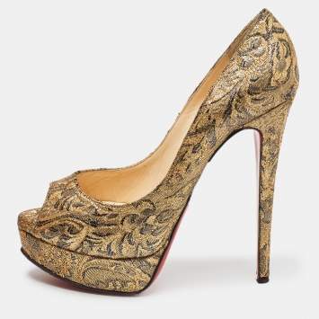 Pre Owned Christian Louboutin Gold Brocade Fabric Lady Peep Pumps Size 38.5