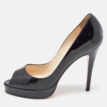 Pre Owned Christian Louboutin Black Patent Leather Platform Peep Toe Pumps Size 37