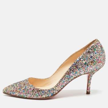 Pre Owned Christian Louboutin Multicolor Coarse Glitter Pointed Toe Pumps Size 37.5