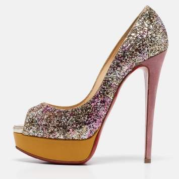 Pre Owned Christian Louboutin Gold/Pink Coarse Glitter Lady Peep Pumps Size 38.5