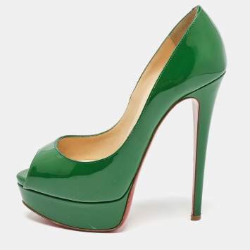 Pre Owned Christian Louboutin Green Patent Leather Lady Peep Pumps Size 35.5