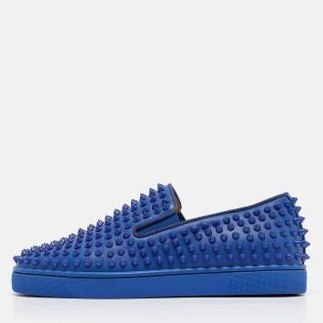 Pre Owned Christian Louboutin Blue Leather Roller Boat Spike Slip On Sneakers Size 40