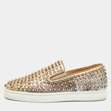 Pre Owned Christian Louboutin Beige/Brown Python Leather Roller Boat Slip On Sneakers Size 40