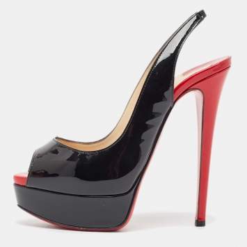 Pre Owned Christian Louboutin Black Patent Leather Lady Peep Sling Pumps Size 35.5