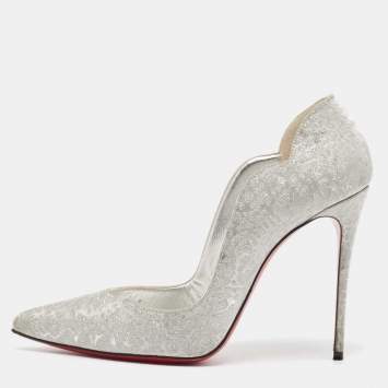 Pre Owned Christian Louboutin Silver Textured Glitter Hot Chick Pumps Size 38