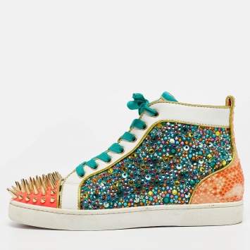 Pre Owned Christian Louboutin Multicolor Calf Hair and Leather Embellished Spikes  Sneakers Size 40