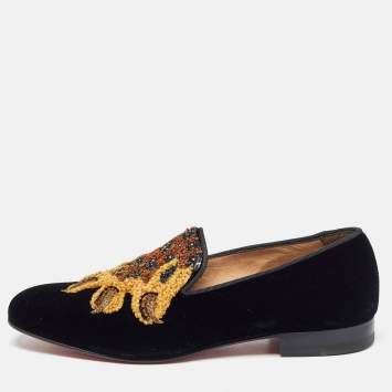 Pre Owned Christian Louboutin Black Velvet Embraided Smoking Slippers Size 40 