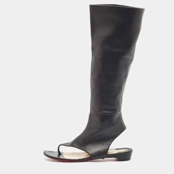 Pre Owned Christian Louboutin Black Leather From Sand Flat Knee Sandals Size 36.5