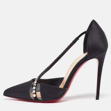 Pre Owned Christian Louboutin Black Satin and PVC Krystal Cross Pumps Size 36