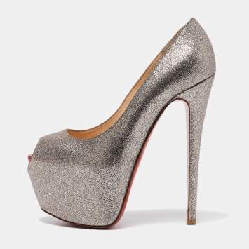 Pre Owned Christian Louboutin Gold Glitter Highness Peep Toe Platform Pumps Size 36.5