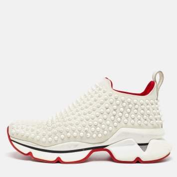 Pre Owned Christian Louboutin White Neoprene Spike Sock Slip On Platform Sneakers Size 38