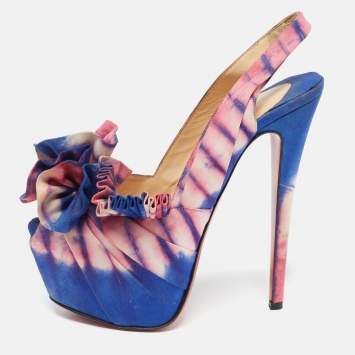 Pre Owned Christian Louboutin Blue/Pink Printed Fabric High Boubou Bazin Slingback Pumps Size 37