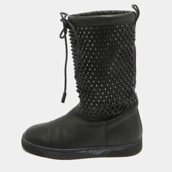 Pre Owned Christian Louboutin Black Leather Surlapony Spiked Mid Calf Boots Size 40
