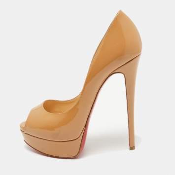 Pre Owned Christian Louboutin Beige Patent Leather Lady Peep Pumps Size 37