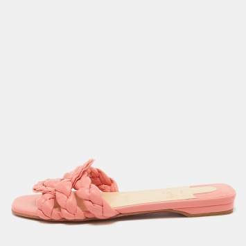 Pre Owned Christian Louboutin Pink Braided Leather Marmella Flat Slides Size 37