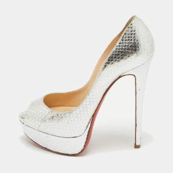 Pre Owned Christian Louboutin Silver Snakeskin Embossed Leather Lady Peep Pumps Size 36