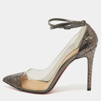 Pre Owned Christian Louboutin Grey PVC and Python Leather Un bout rond Ankle Wrap Pumps Size 40.5