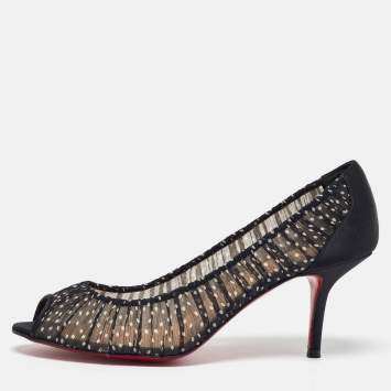 Pre Owned Christian Louboutin Black/White Polka Dot Chiffon and Satin Peep Toe Pumps Size 38.5