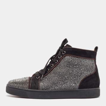 Pre Owned Christian Louboutin Black Suede Crystal Embellished Louis High Top Sneakers Size 39