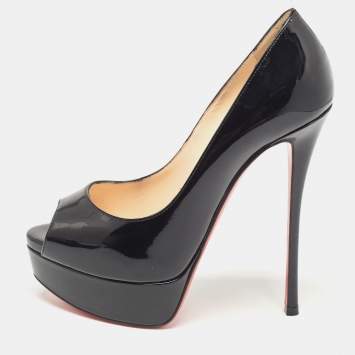Pre Owned Christian Louboutin Black Patent Lady Peep Peep Toe Pumps Size 35.5