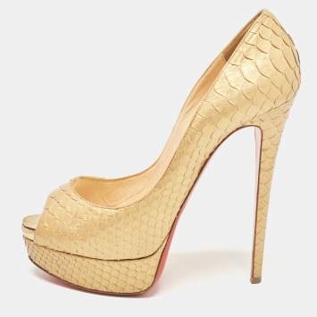 Pre Owned Christian Louboutin Gold Python Lady Peep Pumps Size 39.5