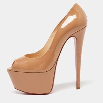 Pre Owned Christian Louboutin Beige Patent Leather Platform Pumps 37.5