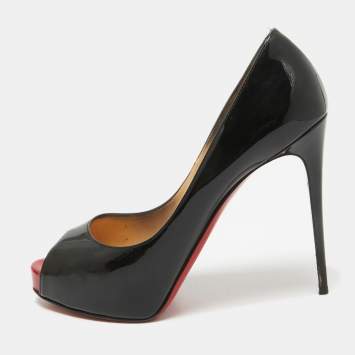 Pre Owned Christian Louboutin Black Patent Leather Very Prive Peep Toe Pumps Size 38.5